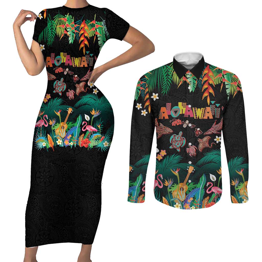 Hawaiian Alohawaii Couples Matching Short Sleeve Bodycon Dress and Long Sleeve Button Shirt Tribal Sea Animals Tattoo and Tropical Plants - Polynesian Pride