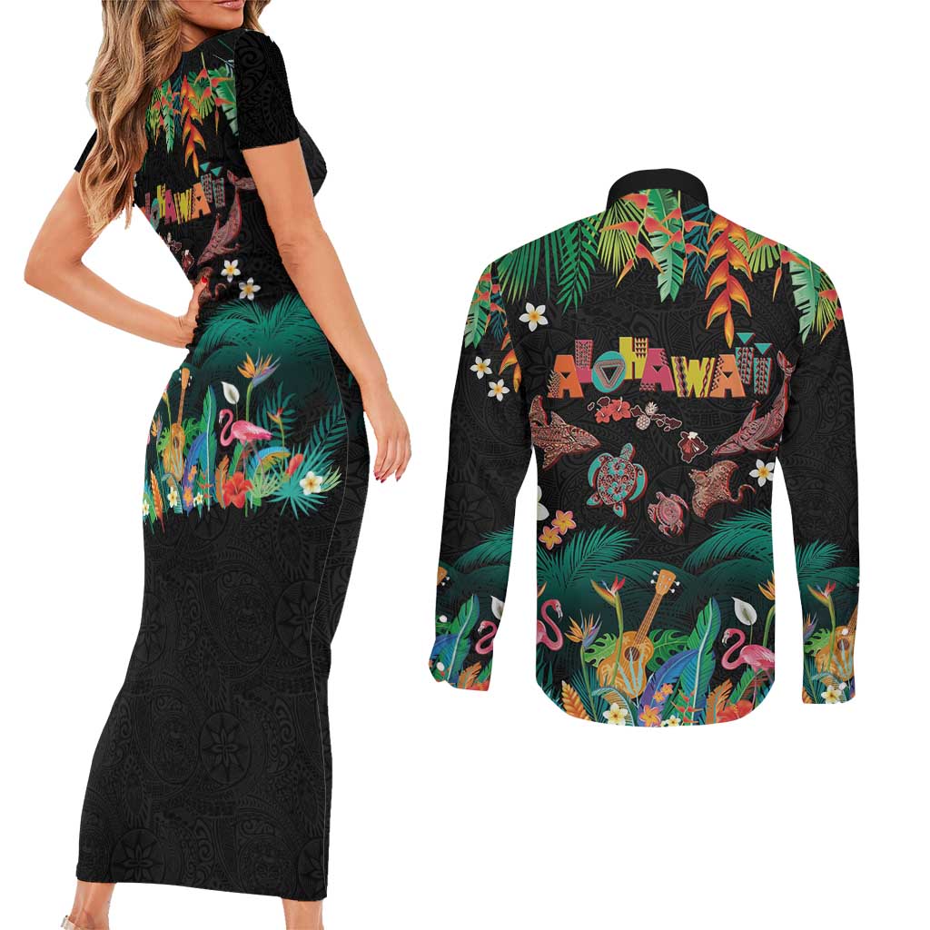 Hawaiian Alohawaii Couples Matching Short Sleeve Bodycon Dress and Long Sleeve Button Shirt Tribal Sea Animals Tattoo and Tropical Plants - Polynesian Pride