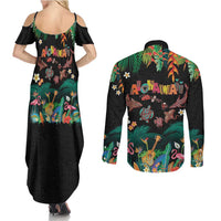 Hawaiian Alohawaii Couples Matching Summer Maxi Dress and Long Sleeve Button Shirt Tribal Sea Animals Tattoo and Tropical Plants - Polynesian Pride