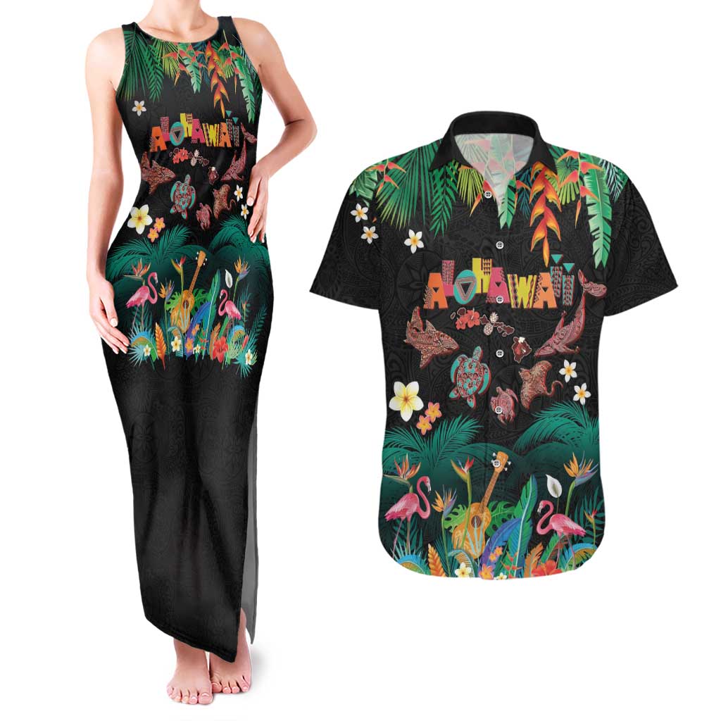Hawaiian Alohawaii Couples Matching Tank Maxi Dress and Hawaiian Shirt Tribal Sea Animals Tattoo and Tropical Plants - Polynesian Pride