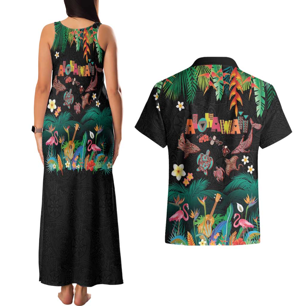 Hawaiian Alohawaii Couples Matching Tank Maxi Dress and Hawaiian Shirt Tribal Sea Animals Tattoo and Tropical Plants - Polynesian Pride