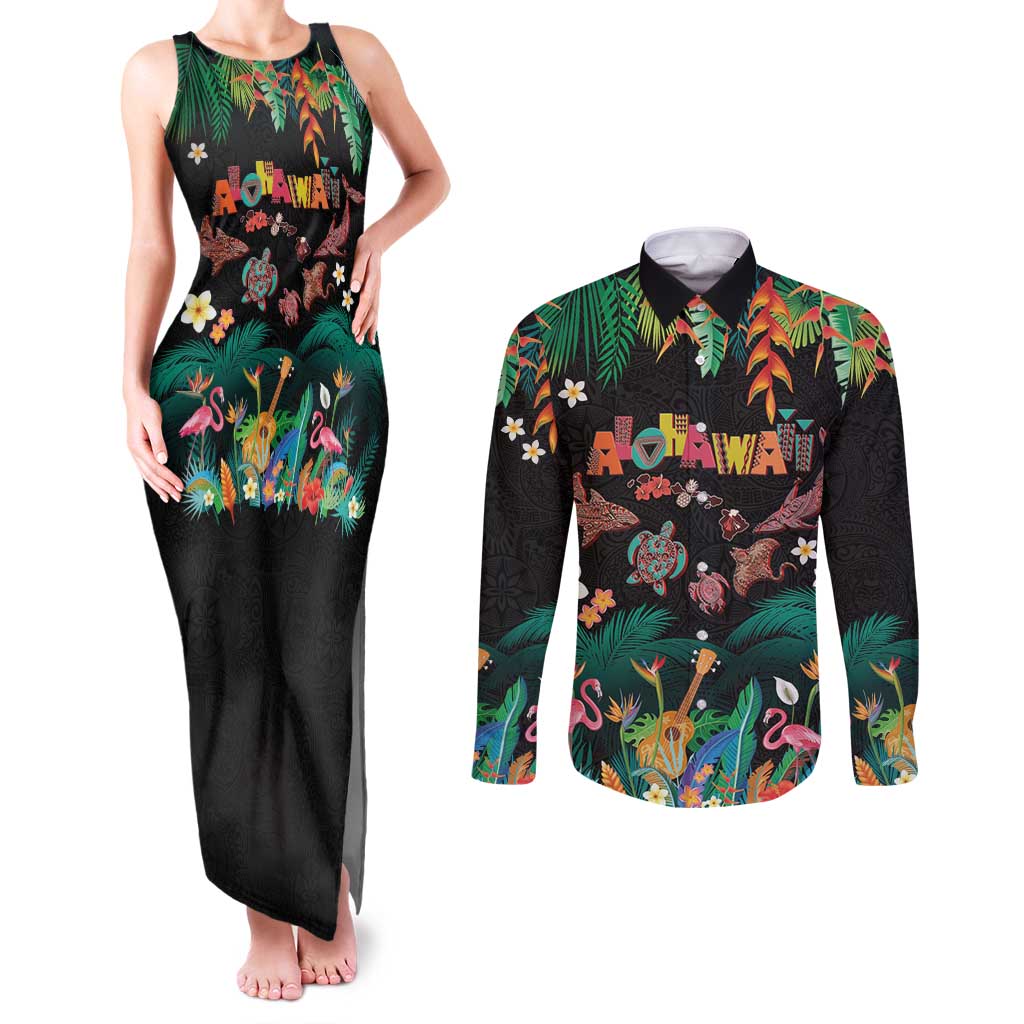 Hawaiian Alohawaii Couples Matching Tank Maxi Dress and Long Sleeve Button Shirt Tribal Sea Animals Tattoo and Tropical Plants - Polynesian Pride
