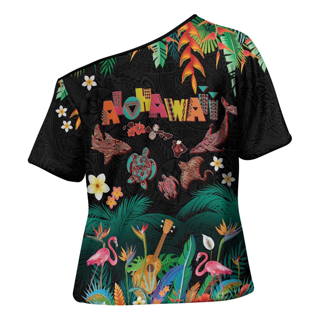 Hawaiian Alohawaii Cross Shoulder Shirt Tribal Sea Animals Tattoo and Tropical Plants - Polynesian Pride