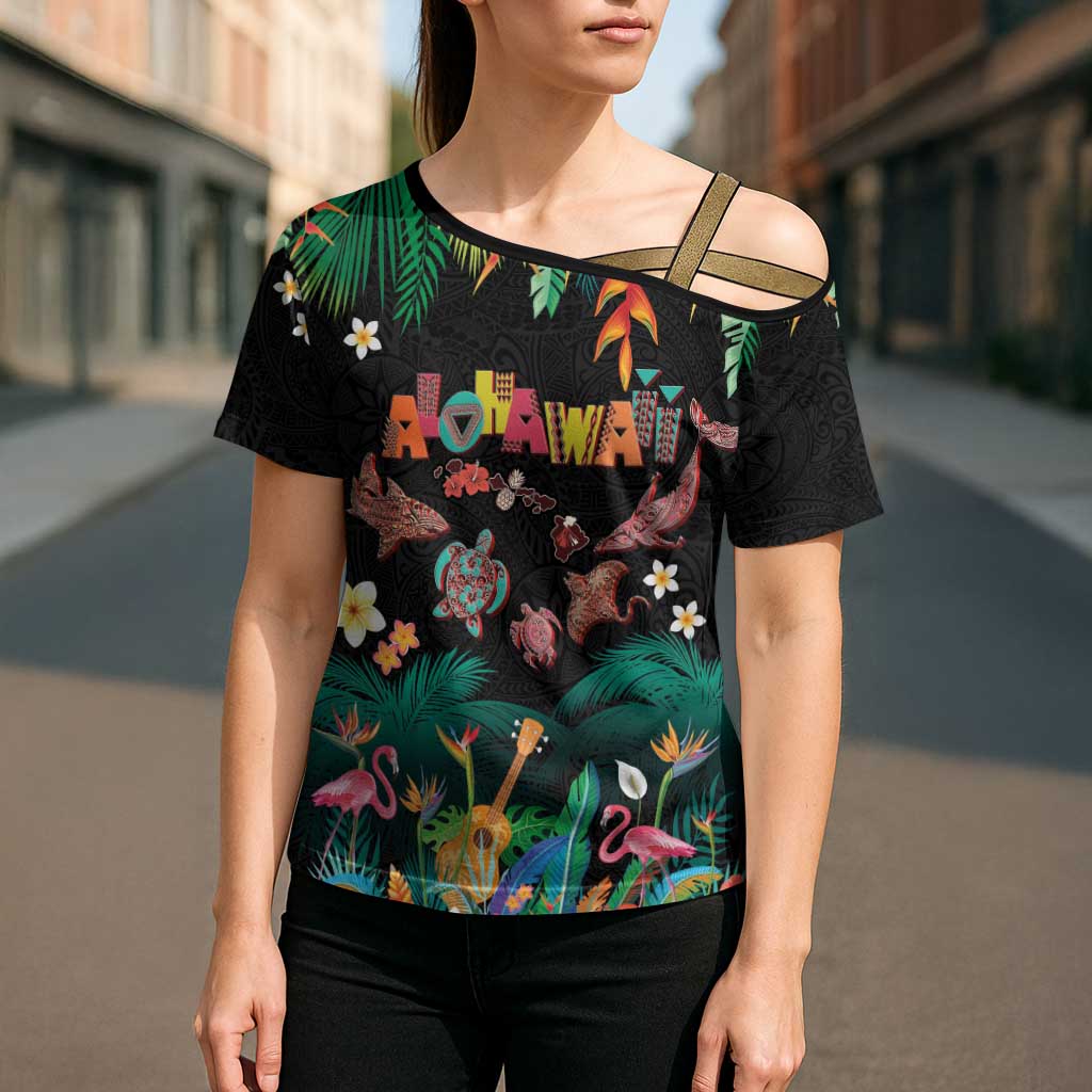 Hawaiian Alohawaii Cross Shoulder Shirt Tribal Sea Animals Tattoo and Tropical Plants - Polynesian Pride