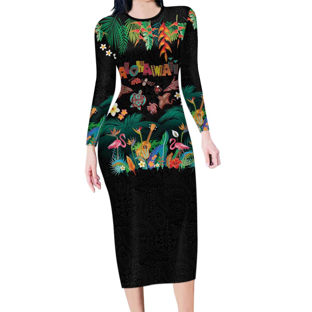 Hawaiian Alohawaii Family Matching Long Sleeve Bodycon Dress and Hawaiian Shirt Tribal Sea Animals Tattoo and Tropical Plants - Polynesian Pride