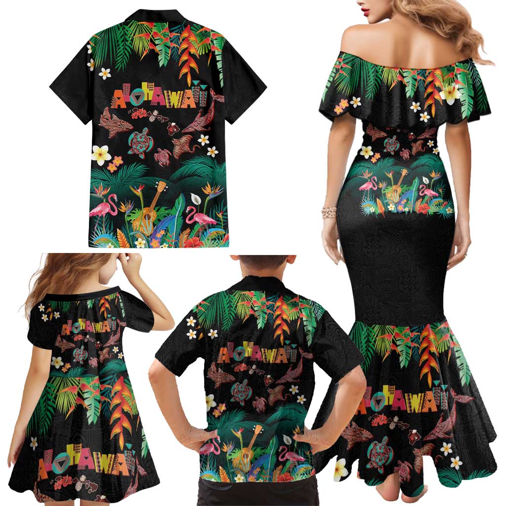 Hawaiian Alohawaii Family Matching Mermaid Dress and Hawaiian Shirt Tribal Sea Animals Tattoo and Tropical Plants - Polynesian Pride