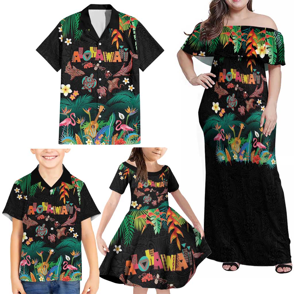 Hawaiian Alohawaii Family Matching Off Shoulder Maxi Dress and Hawaiian Shirt Tribal Sea Animals Tattoo and Tropical Plants - Polynesian Pride