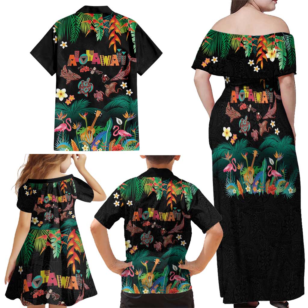 Hawaiian Alohawaii Family Matching Off Shoulder Maxi Dress and Hawaiian Shirt Tribal Sea Animals Tattoo and Tropical Plants - Polynesian Pride