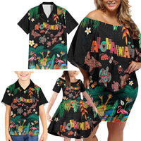 Hawaiian Alohawaii Family Matching Off Shoulder Short Dress and Hawaiian Shirt Tribal Sea Animals Tattoo and Tropical Plants - Polynesian Pride