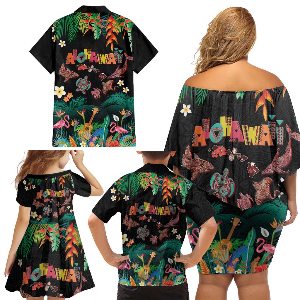 Hawaiian Alohawaii Family Matching Off Shoulder Short Dress and Hawaiian Shirt Tribal Sea Animals Tattoo and Tropical Plants - Polynesian Pride