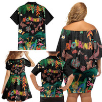 Hawaiian Alohawaii Family Matching Off Shoulder Short Dress and Hawaiian Shirt Tribal Sea Animals Tattoo and Tropical Plants - Polynesian Pride