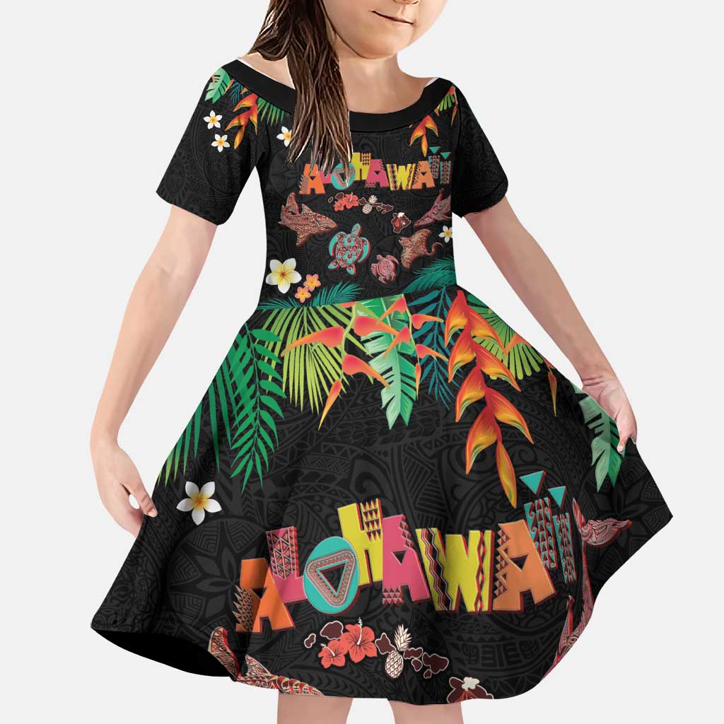 Hawaiian Alohawaii Family Matching Summer Maxi Dress and Hawaiian Shirt Tribal Sea Animals Tattoo and Tropical Plants LT03 Daughter's Dress Black - Polynesian Pride