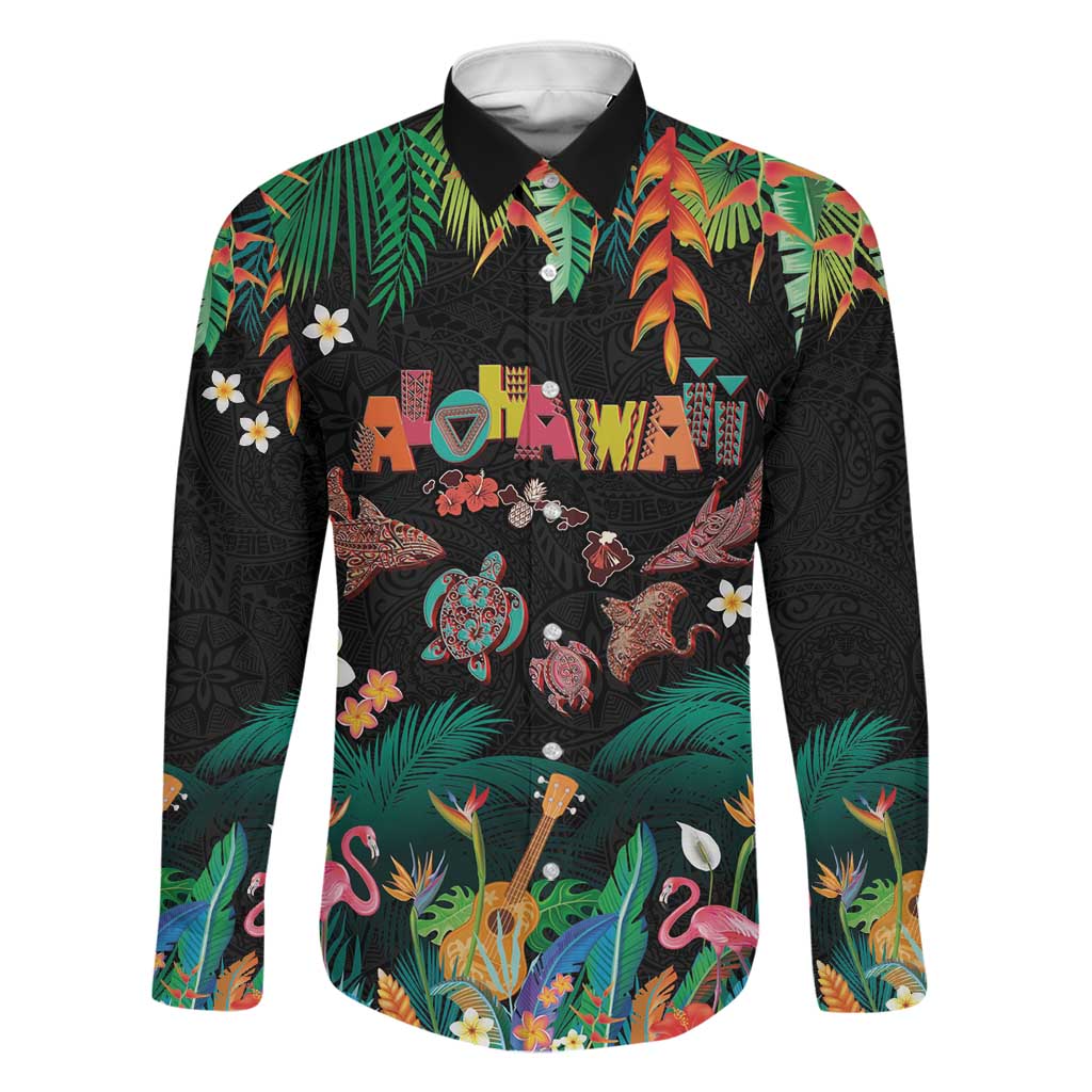 Hawaiian Alohawaii Family Matching Summer Maxi Dress and Hawaiian Shirt Tribal Sea Animals Tattoo and Tropical Plants LT03 Dad's Shirt - Long Sleeve Black - Polynesian Pride