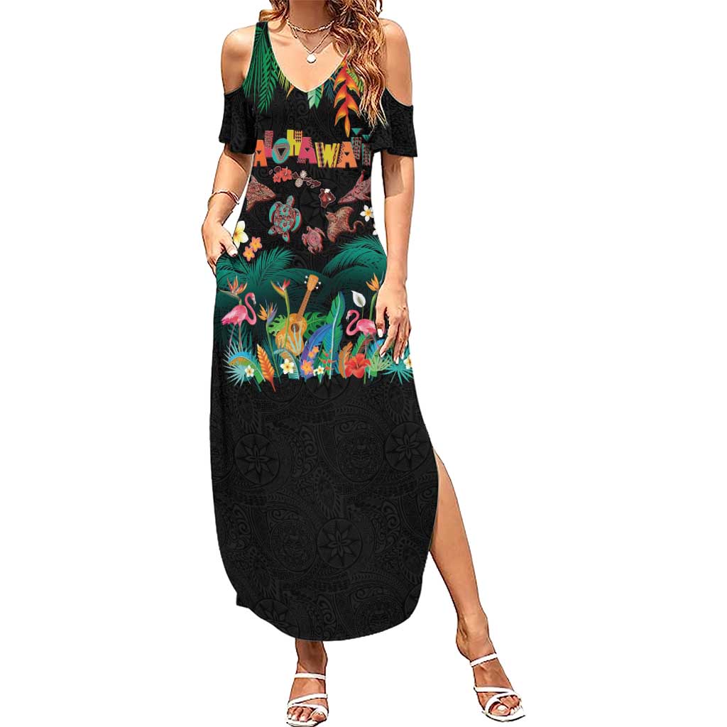 Hawaiian Alohawaii Family Matching Summer Maxi Dress and Hawaiian Shirt Tribal Sea Animals Tattoo and Tropical Plants LT03 Mom's Dress Black - Polynesian Pride