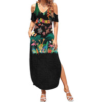 Hawaiian Alohawaii Family Matching Summer Maxi Dress and Hawaiian Shirt Tribal Sea Animals Tattoo and Tropical Plants LT03 Mom's Dress Black - Polynesian Pride