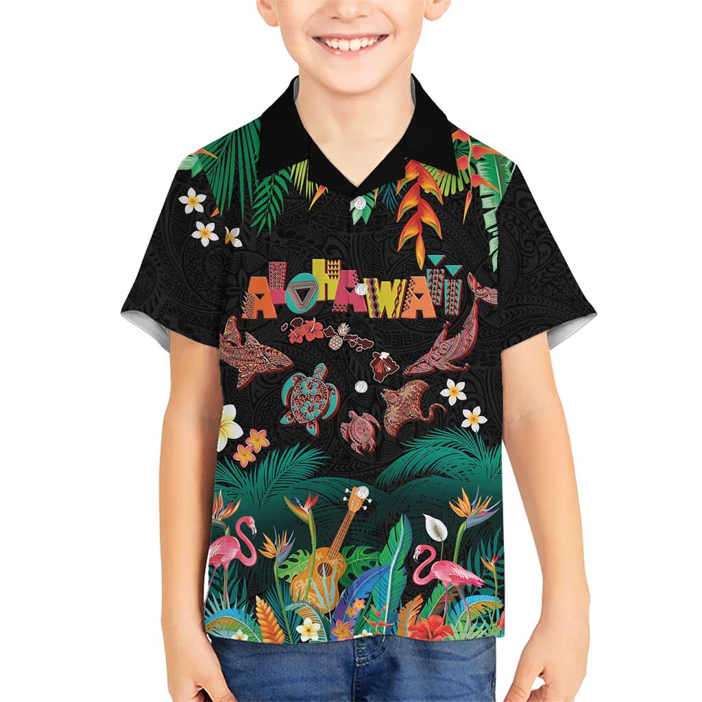 Hawaiian Alohawaii Family Matching Summer Maxi Dress and Hawaiian Shirt Tribal Sea Animals Tattoo and Tropical Plants LT03 Son's Shirt Black - Polynesian Pride