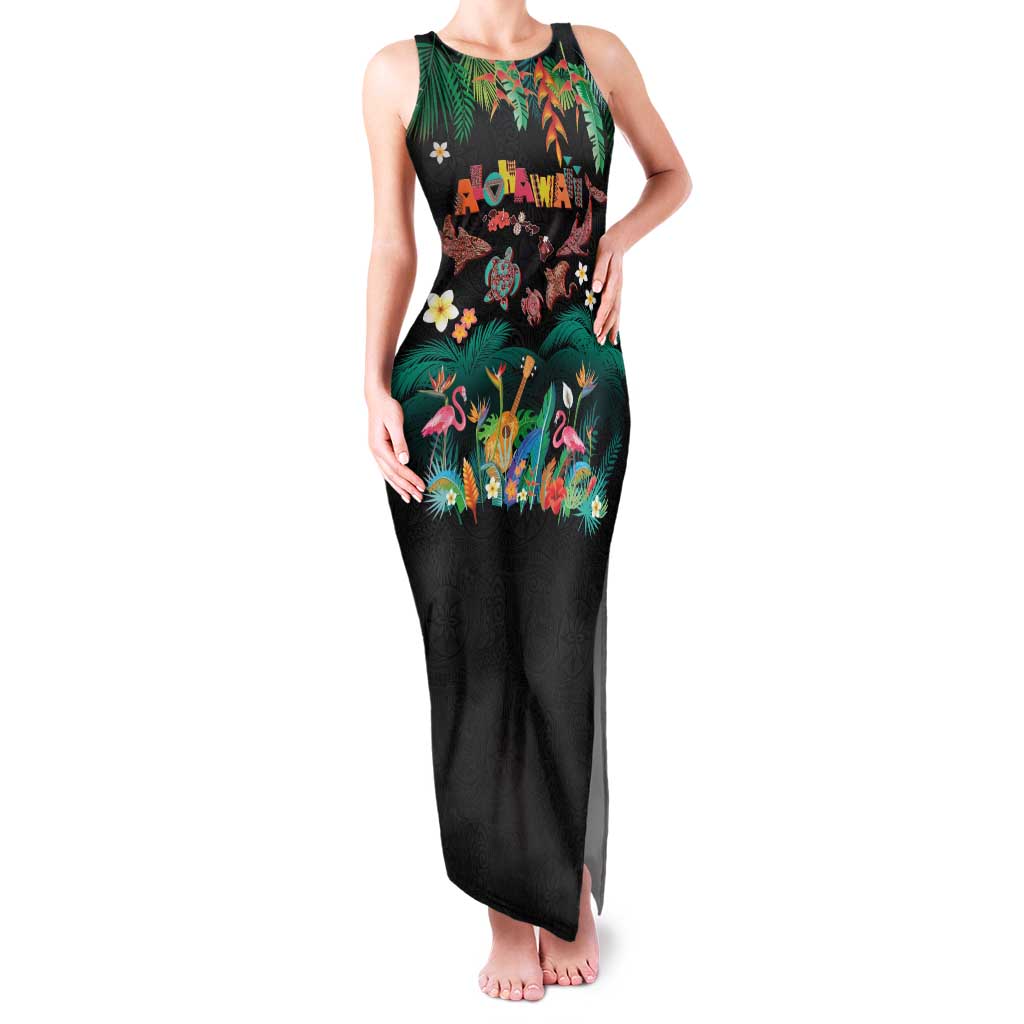 Hawaiian Alohawaii Family Matching Tank Maxi Dress and Hawaiian Shirt Tribal Sea Animals Tattoo and Tropical Plants LT03 Mom's Dress Black - Polynesian Pride