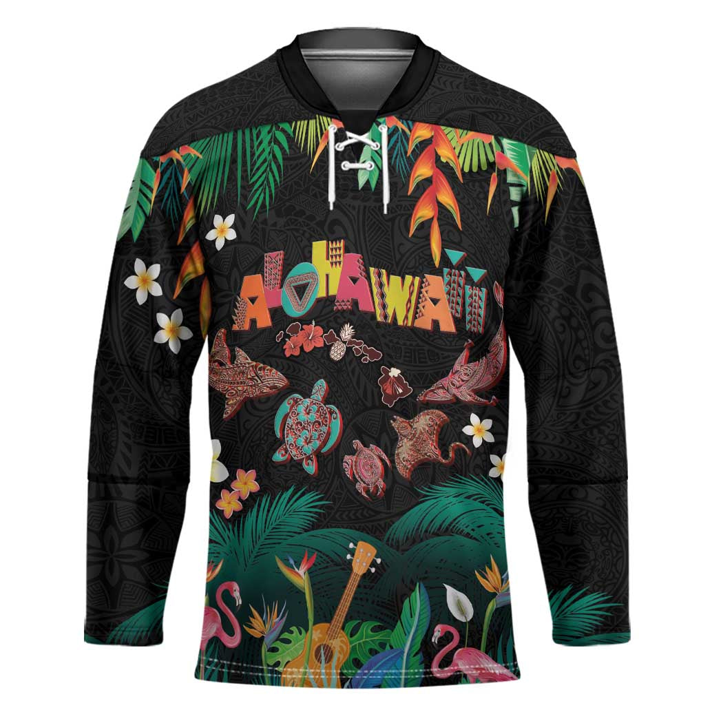 Hawaiian Alohawaii Hockey Jersey Tribal Sea Animals Tattoo and Tropical Plants - Polynesian Pride