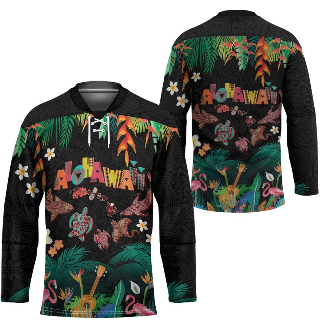 Hawaiian Alohawaii Hockey Jersey Tribal Sea Animals Tattoo and Tropical Plants - Polynesian Pride