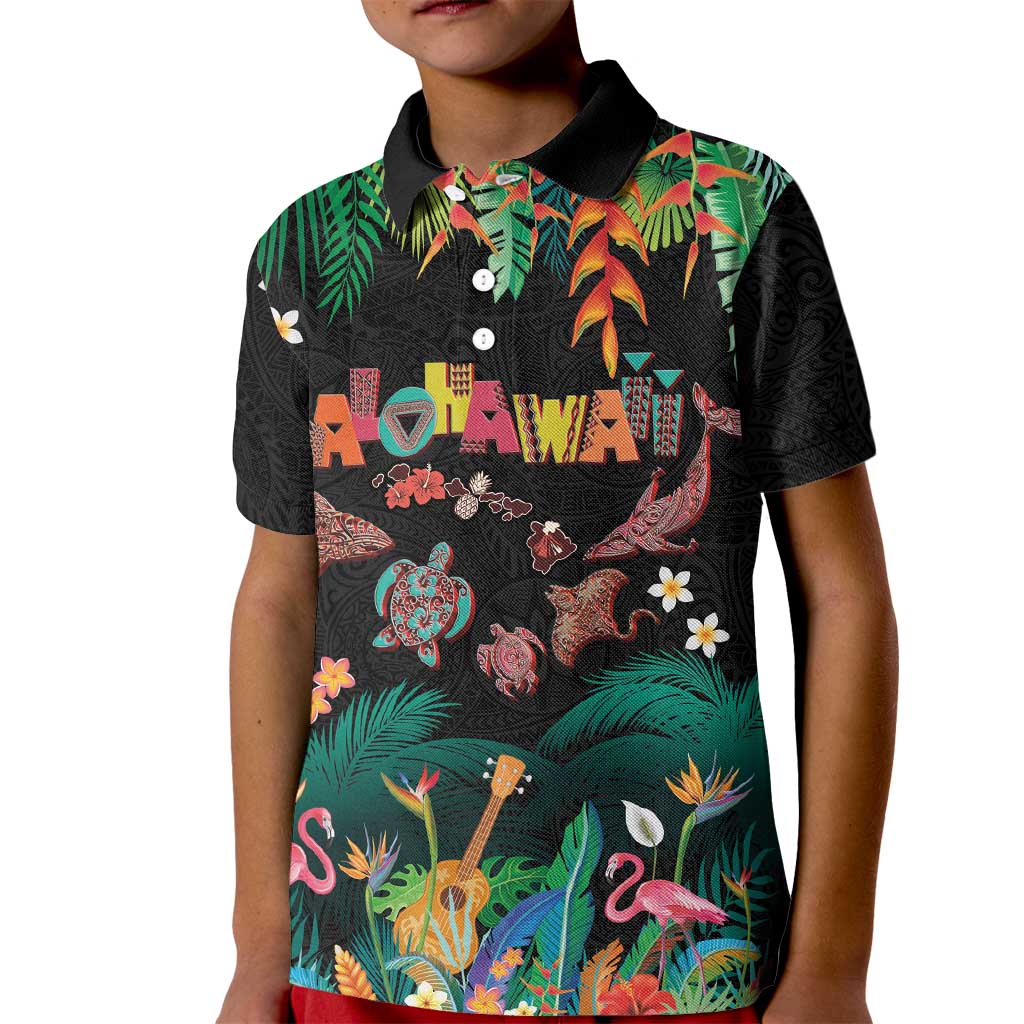 Hawaiian Alohawaii Kid Polo Shirt Tribal Sea Animals Tattoo and Tropical Plants - Polynesian Pride