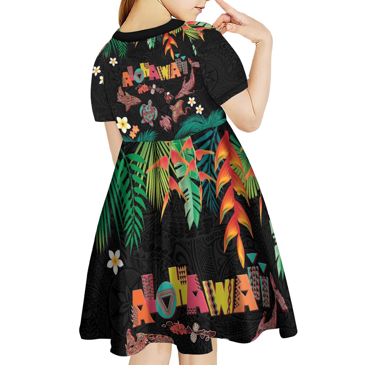Hawaiian Alohawaii Kid Short Sleeve Dress Tribal Sea Animals Tattoo and Tropical Plants - Polynesian Pride