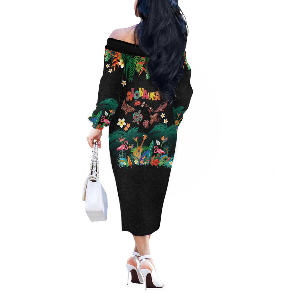 Hawaiian Alohawaii Off The Shoulder Long Sleeve Dress Tribal Sea Animals Tattoo and Tropical Plants - Polynesian Pride