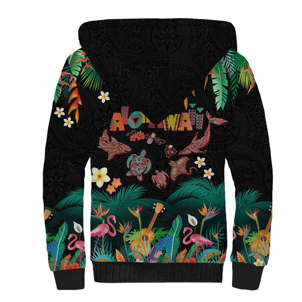 Hawaiian Alohawaii Sherpa Hoodie Tribal Sea Animals Tattoo and Tropical Plants - Polynesian Pride