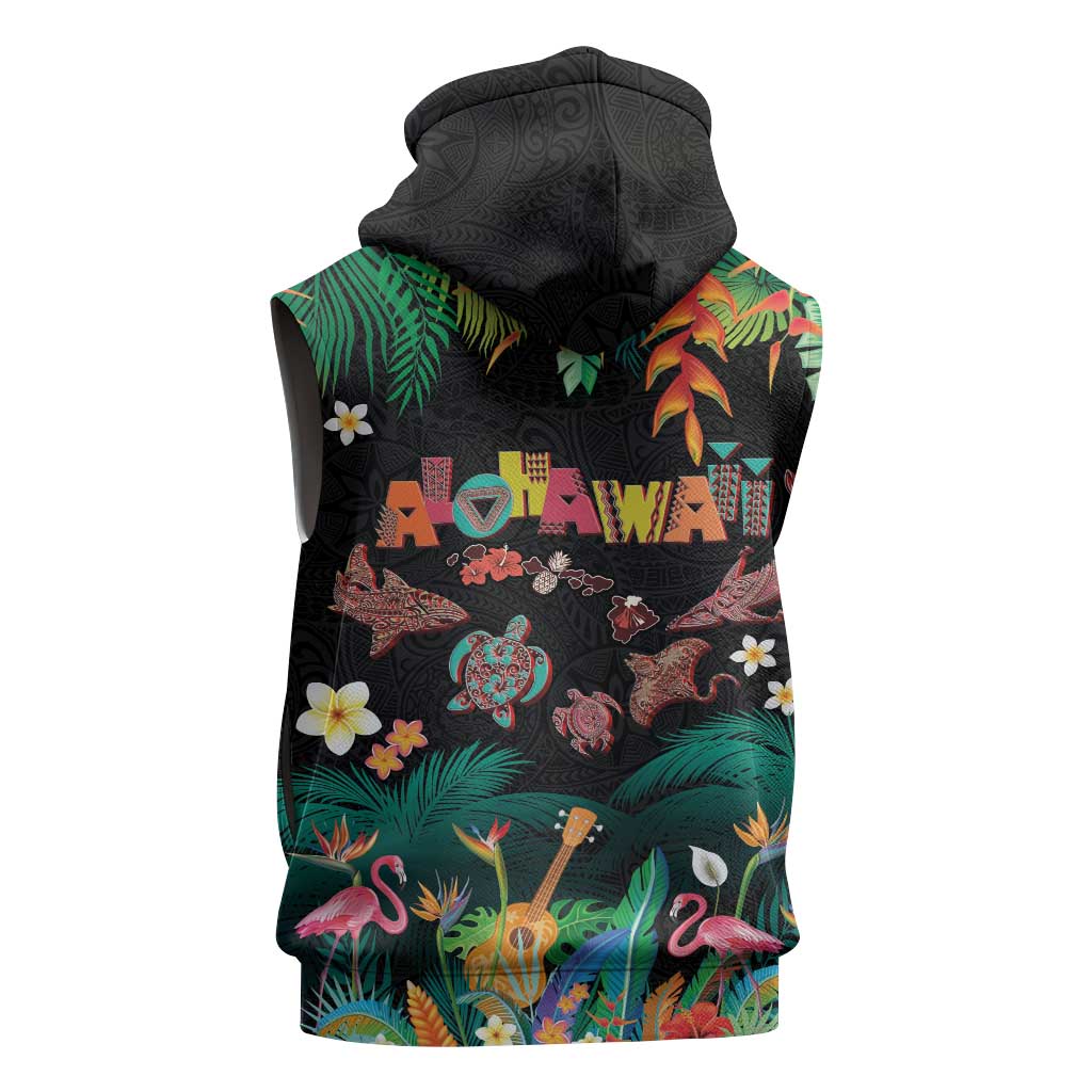 Hawaiian Alohawaii Sleeveless Zip Hoodie Tribal Sea Animals Tattoo and Tropical Plants - Polynesian Pride