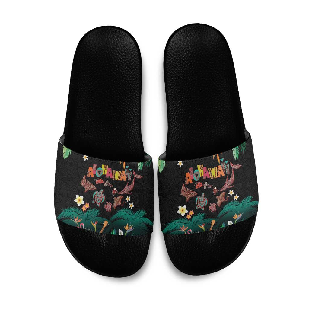 Hawaiian Alohawaii Slide Sandals Tribal Sea Animals Tattoo and Tropical Plants LT03 Black - Polynesian Pride