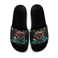 Hawaiian Alohawaii Slide Sandals Tribal Sea Animals Tattoo and Tropical Plants LT03 Black - Polynesian Pride
