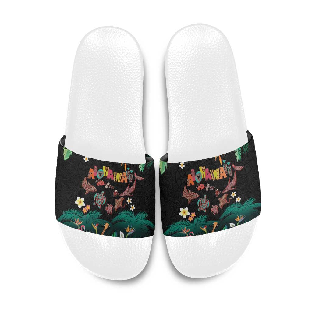 Hawaiian Alohawaii Slide Sandals Tribal Sea Animals Tattoo and Tropical Plants LT03 Black - Polynesian Pride