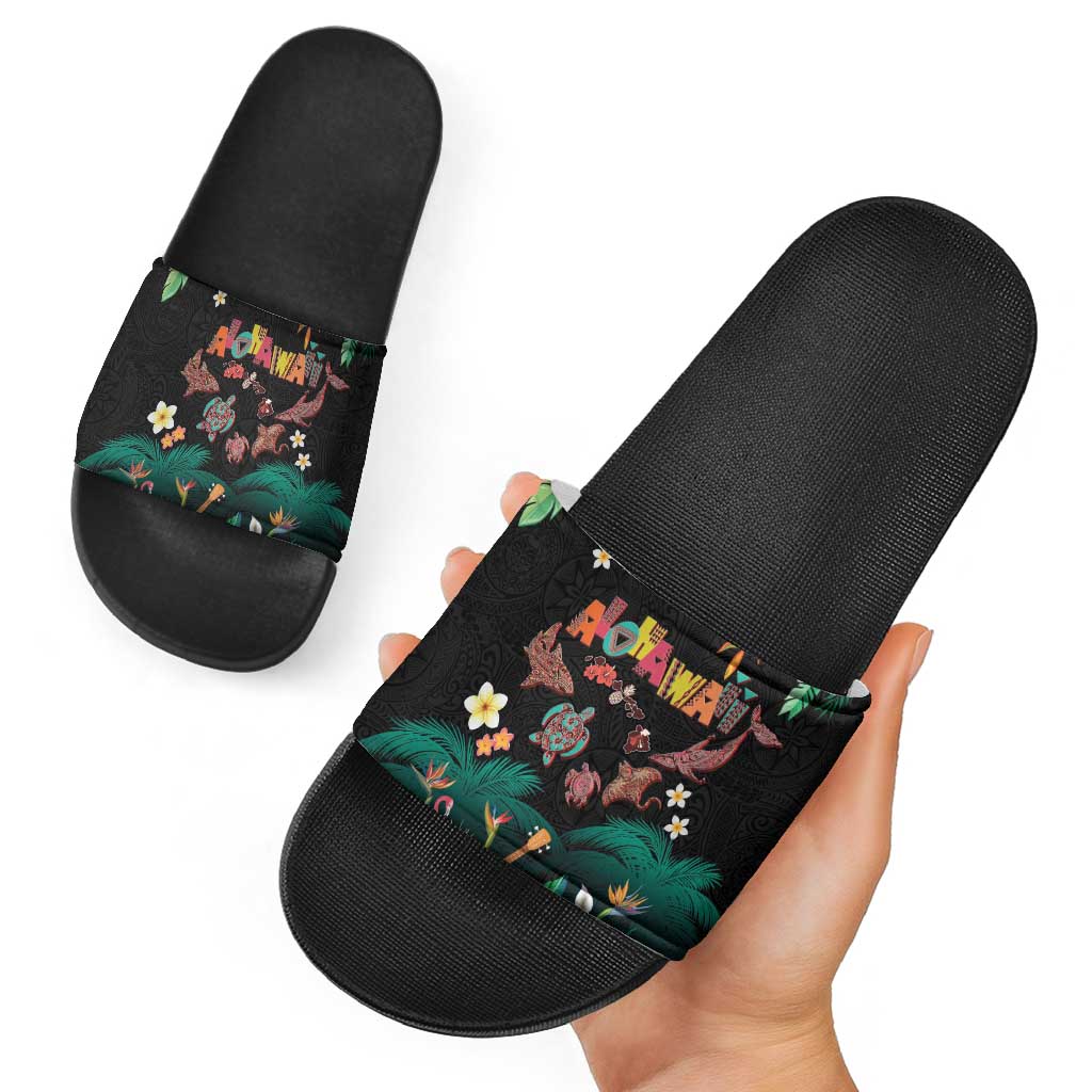 Hawaiian Alohawaii Slide Sandals Tribal Sea Animals Tattoo and Tropical Plants LT03 - Polynesian Pride