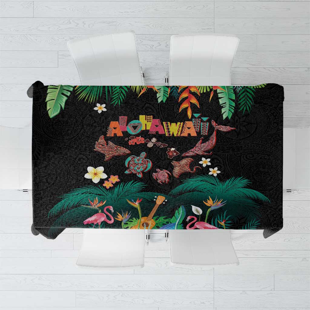 Hawaiian Alohawaii Tablecloth Tribal Sea Animals Tattoo and Tropical Plants LT03 Black - Polynesian Pride