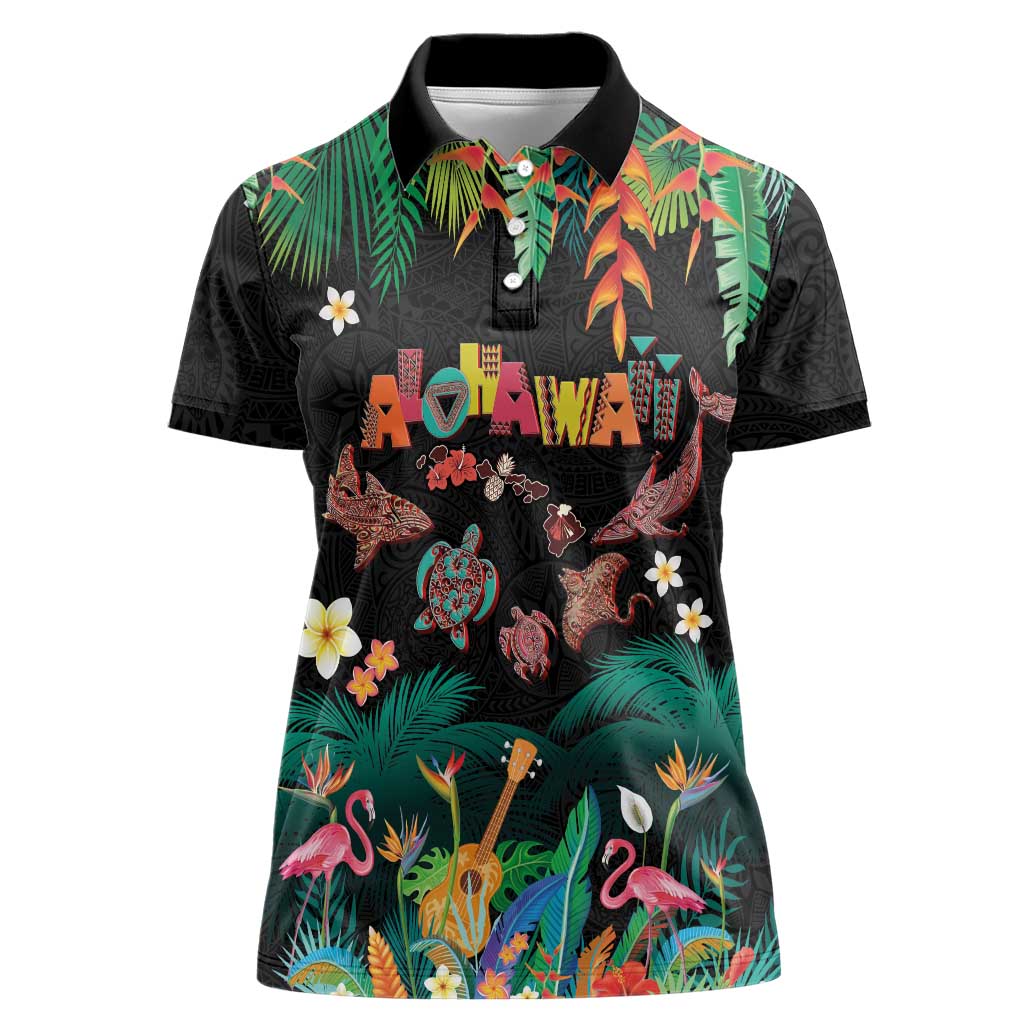 Hawaiian Alohawaii Women Polo Shirt Tribal Sea Animals Tattoo and Tropical Plants - Polynesian Pride