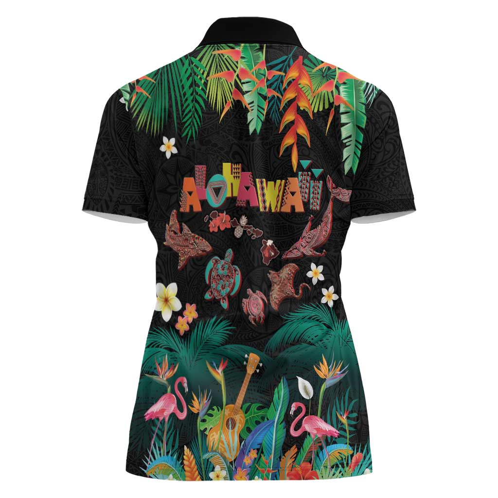 Hawaiian Alohawaii Women Polo Shirt Tribal Sea Animals Tattoo and Tropical Plants - Polynesian Pride