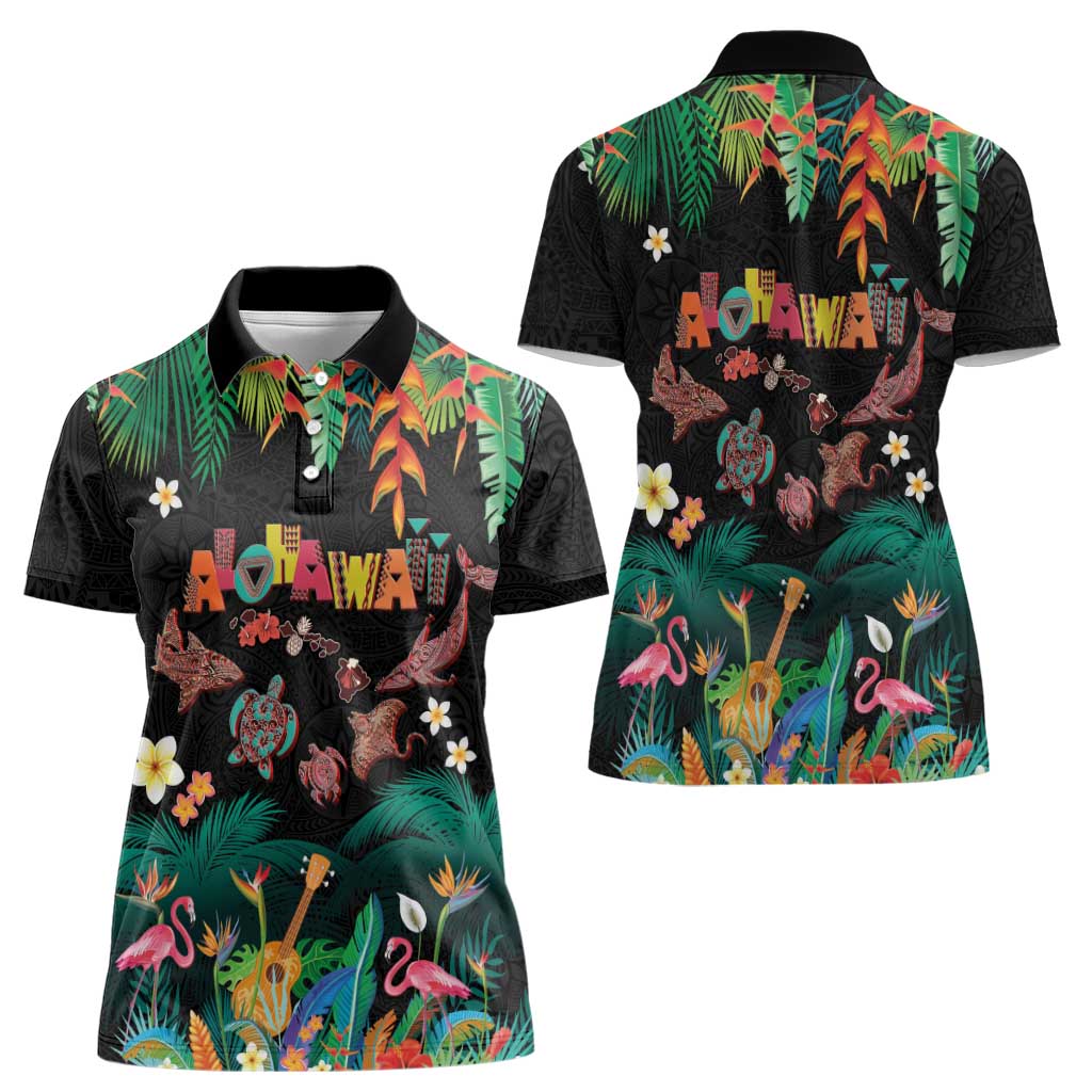 Hawaiian Alohawaii Women Polo Shirt Tribal Sea Animals Tattoo and Tropical Plants - Polynesian Pride