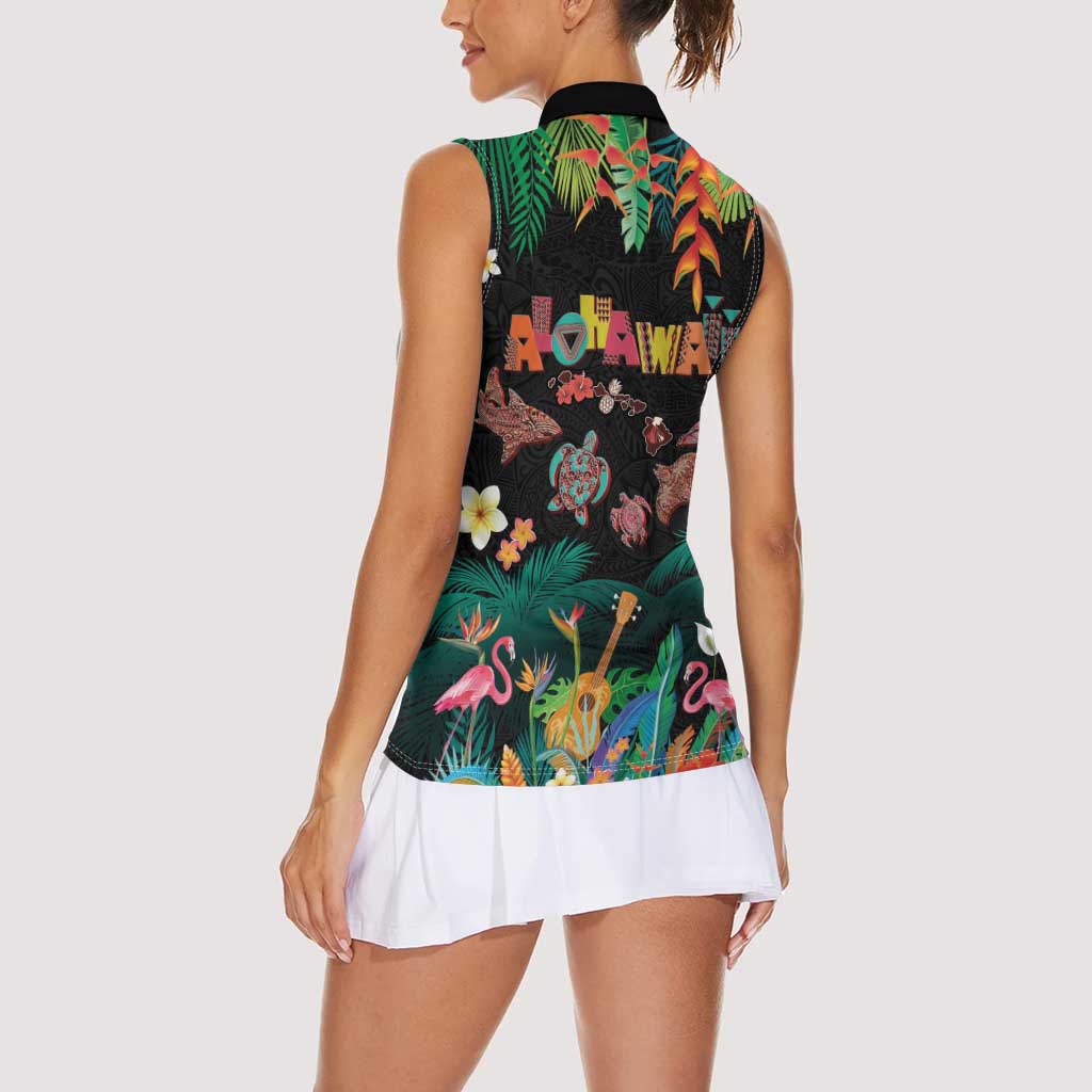 Hawaiian Alohawaii Women Sleeveless Polo Shirt Tribal Sea Animals Tattoo and Tropical Plants - Polynesian Pride