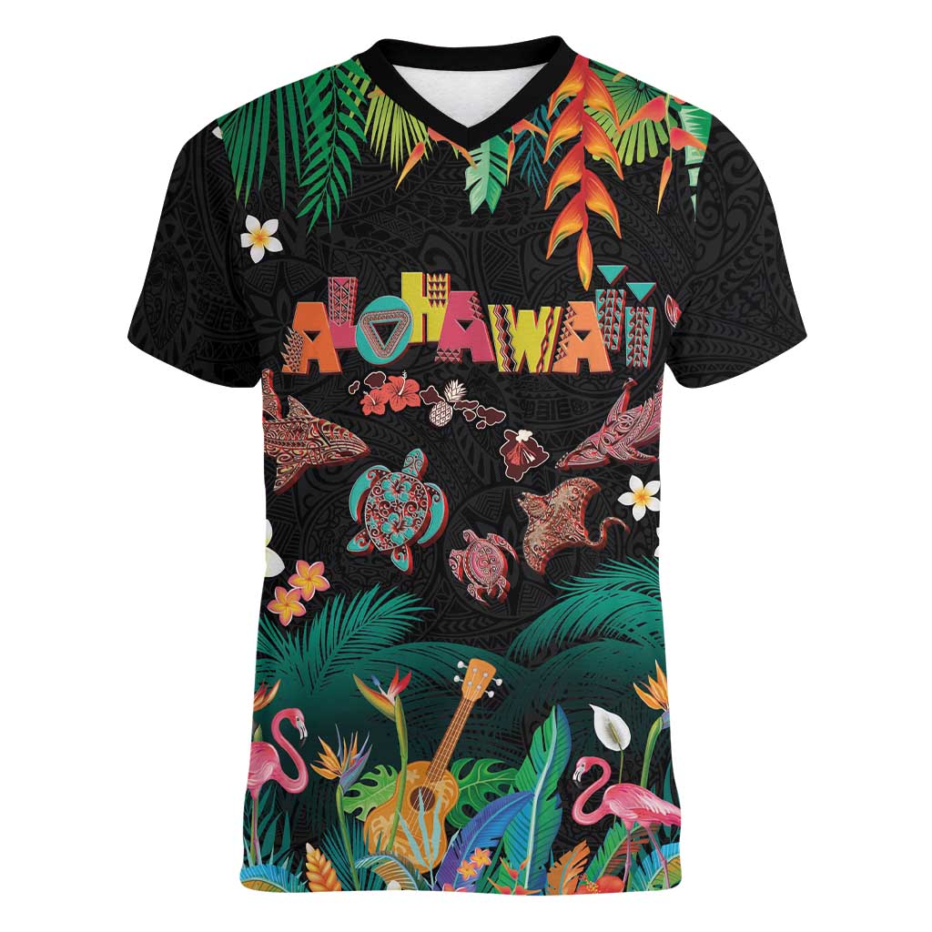 Hawaiian Alohawaii Women V-Neck T-Shirt Tribal Sea Animals Tattoo and Tropical Plants - Polynesian Pride