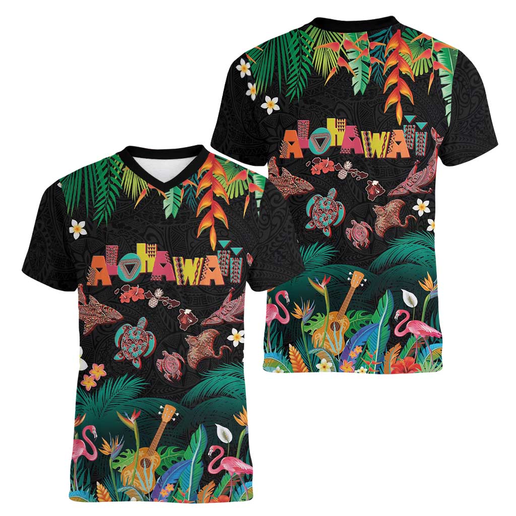Hawaiian Alohawaii Women V-Neck T-Shirt Tribal Sea Animals Tattoo and Tropical Plants - Polynesian Pride