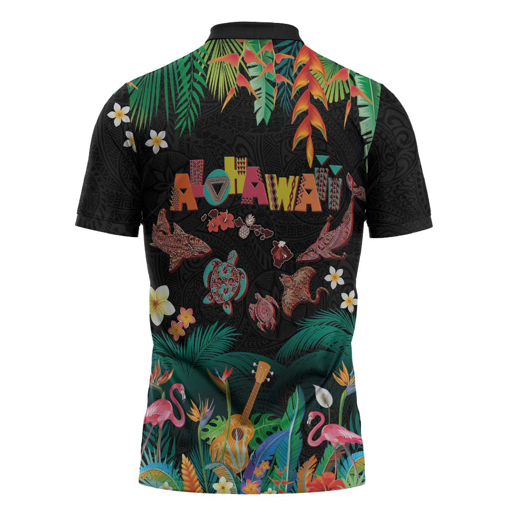 Hawaiian Alohawaii Zipper Polo Shirt Tribal Sea Animals Tattoo and Tropical Plants - Polynesian Pride