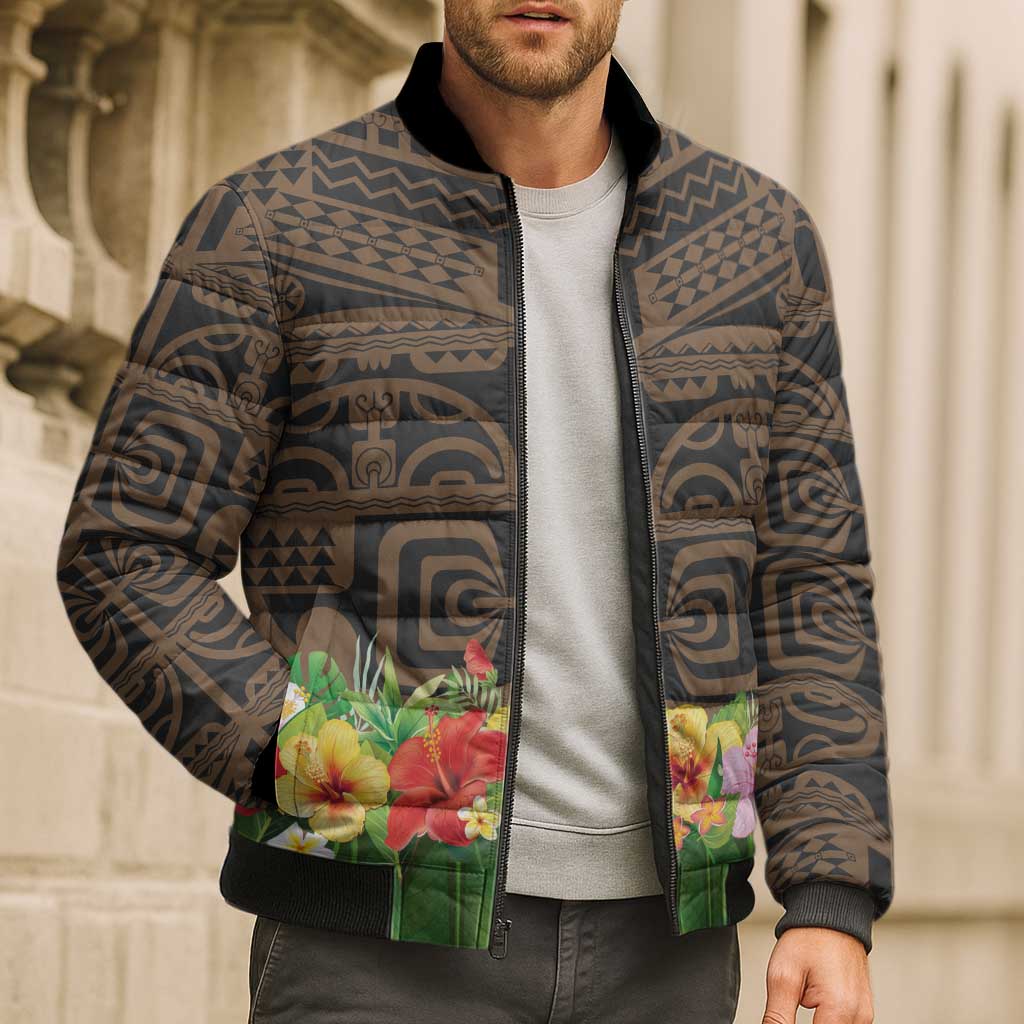 Hawaiian Hula Costume Bomber Puffer Jacket Tribal Tattoo and Tropical Plants Skirt - Polynesian Pride