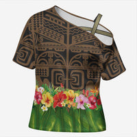 Hawaiian Hula Costume Cross Shoulder Shirt Tribal Tattoo and Tropical Plants Skirt - Polynesian Pride
