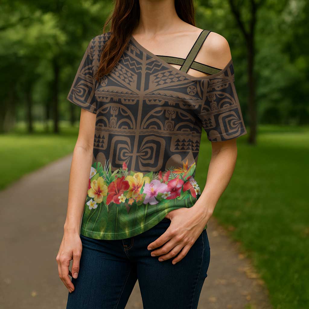 Hawaiian Hula Costume Cross Shoulder Shirt Tribal Tattoo and Tropical Plants Skirt - Polynesian Pride