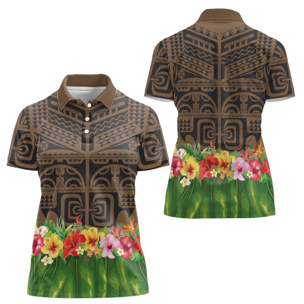 Hawaiian Hula Costume Women Polo Shirt Tribal Tattoo and Tropical Plants Skirt - Polynesian Pride