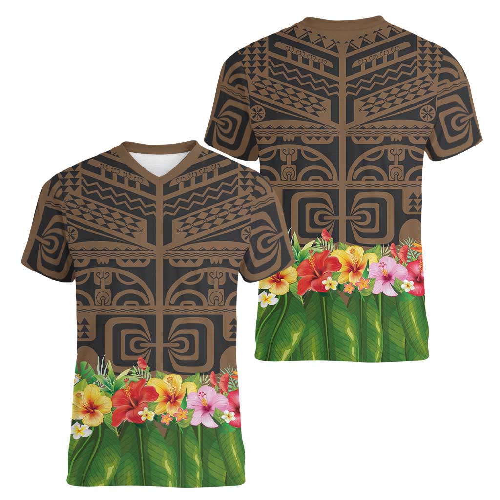 Hawaiian Hula Costume Women V-Neck T-Shirt Tribal Tattoo and Tropical Plants Skirt - Polynesian Pride