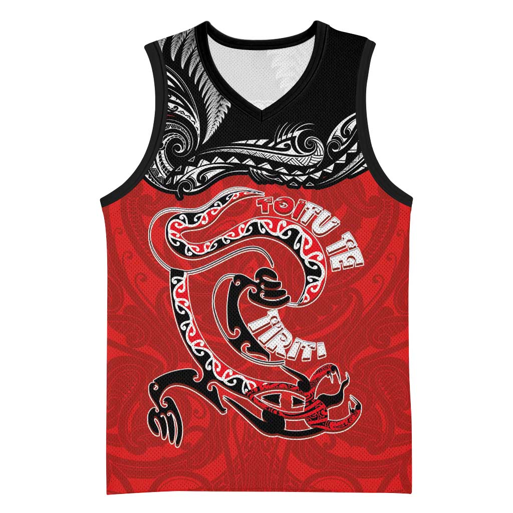 Personalised Aotearoa Toitu Te Tiriti Basketball Jersey Taniwha Tribal Motifs