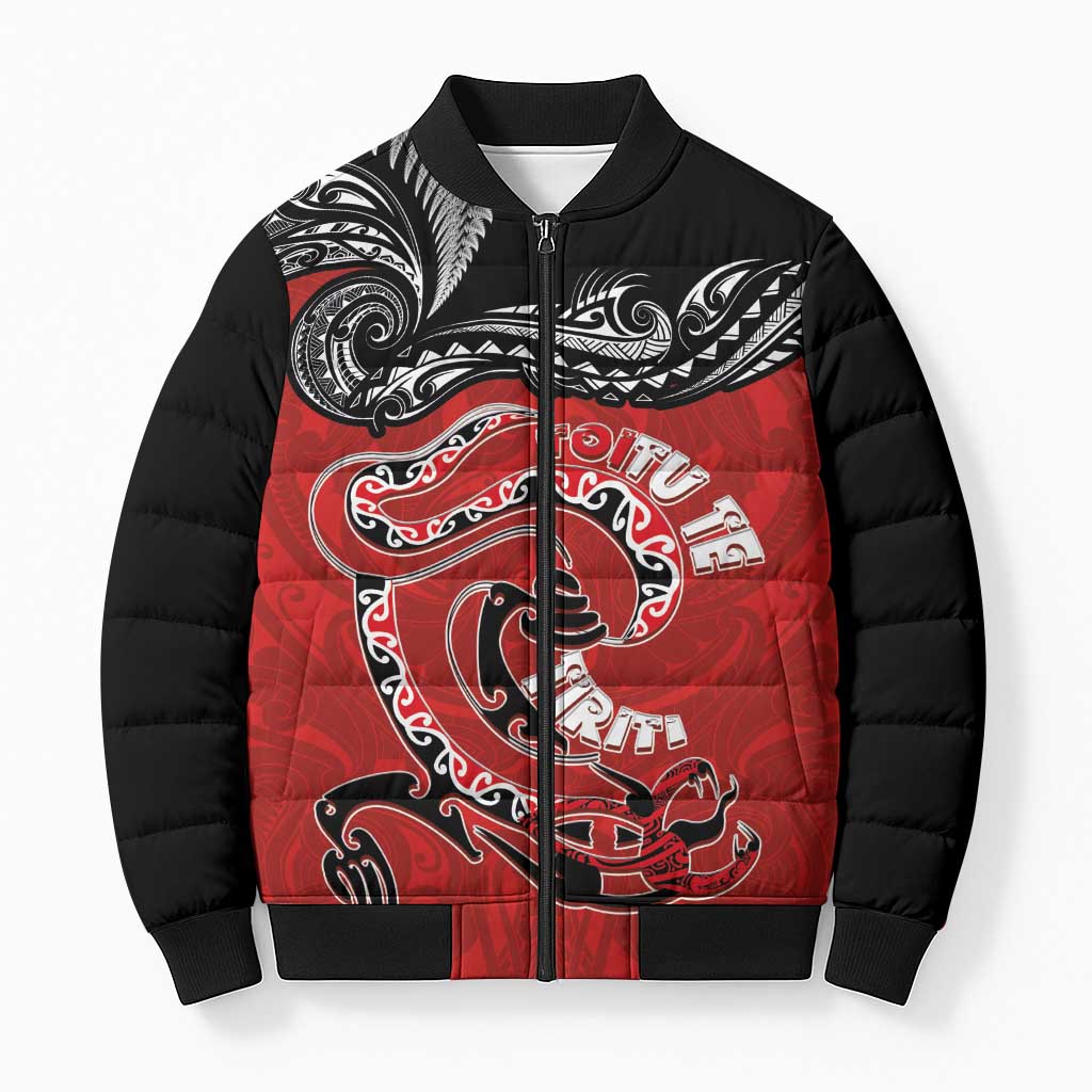 Personalised Aotearoa Toitu Te Tiriti Bomber Puffer Jacket Taniwha Tribal Motifs