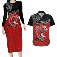 Personalised Aotearoa Toitu Te Tiriti Couples Matching Long Sleeve Bodycon Dress and Hawaiian Shirt Taniwha Tribal Motifs