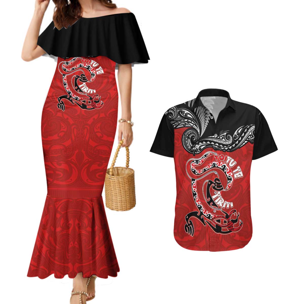 Personalised Aotearoa Toitu Te Tiriti Couples Matching Mermaid Dress and Hawaiian Shirt Taniwha Tribal Motifs