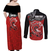 Personalised Aotearoa Toitu Te Tiriti Couples Matching Off Shoulder Maxi Dress and Long Sleeve Button Shirt Taniwha Tribal Motifs